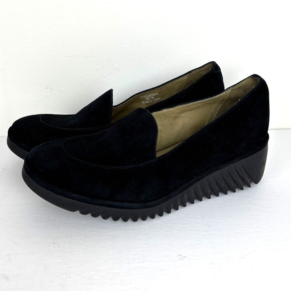Fly London Black Suede Wedge Loafer EU 39W/ US 8-8.5W